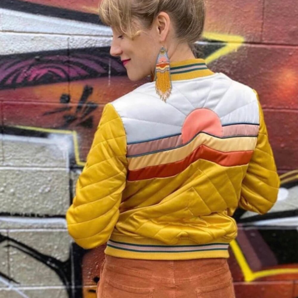 Rock & Couture Quilted Satin Bomber Jacket – Yellow, Pink & Silver (Size M) USED